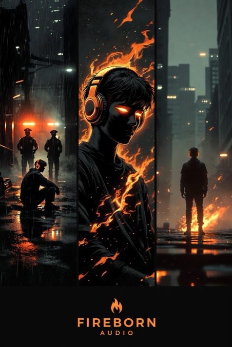 Fireborn Audio artwork: a figure in headphones surrounded by fire in a city alley.